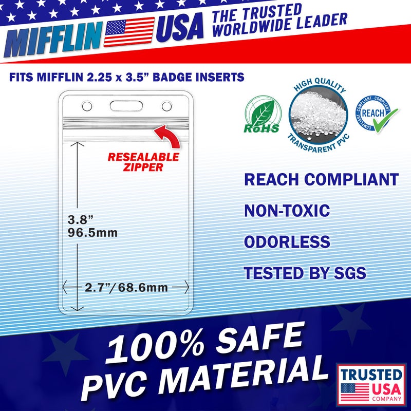 Mifflin-USA Plastic Waterproof ID Badge Holders (Clear, 2.25x3.5 Inch, 100 Pack), Vertical Hanging Name Card Holder with Zipper, Resealable Bulk Nametag Holders - Image 2